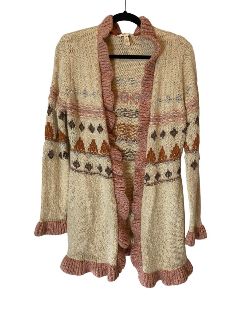 Matilda Jane Open Front Cardigan Sweater Ruffle Trim & Fair Isle Design Medium